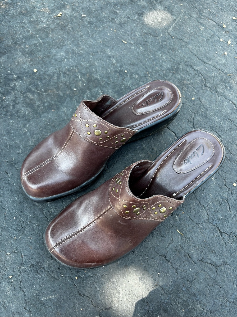 Clarks Dark Brown Leather Slip-On Clogs with Stud Detail